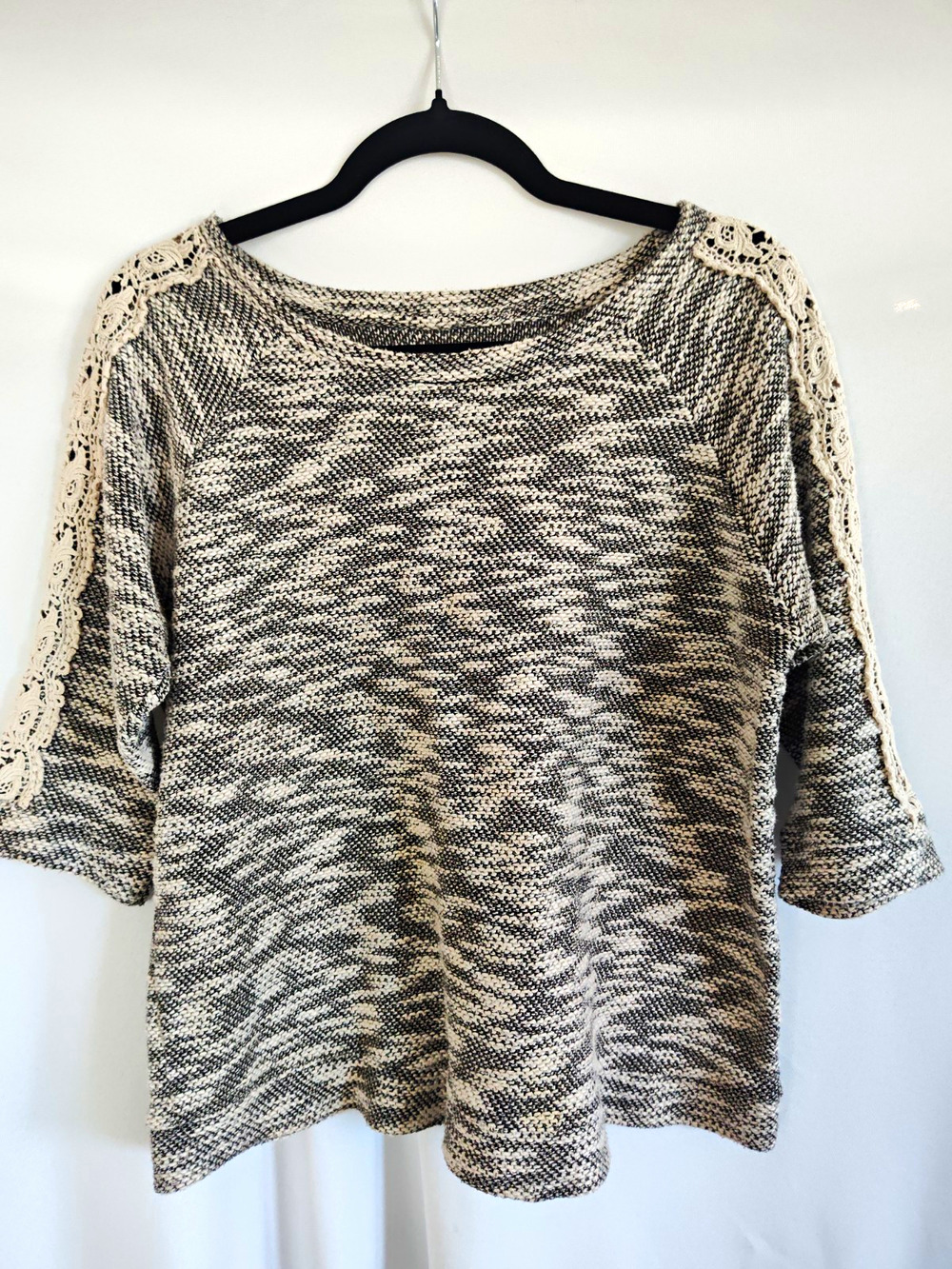 Casual Black White Solid Knit Boat Neck 3/4 Sleeve Crochet Pullover Sweater M